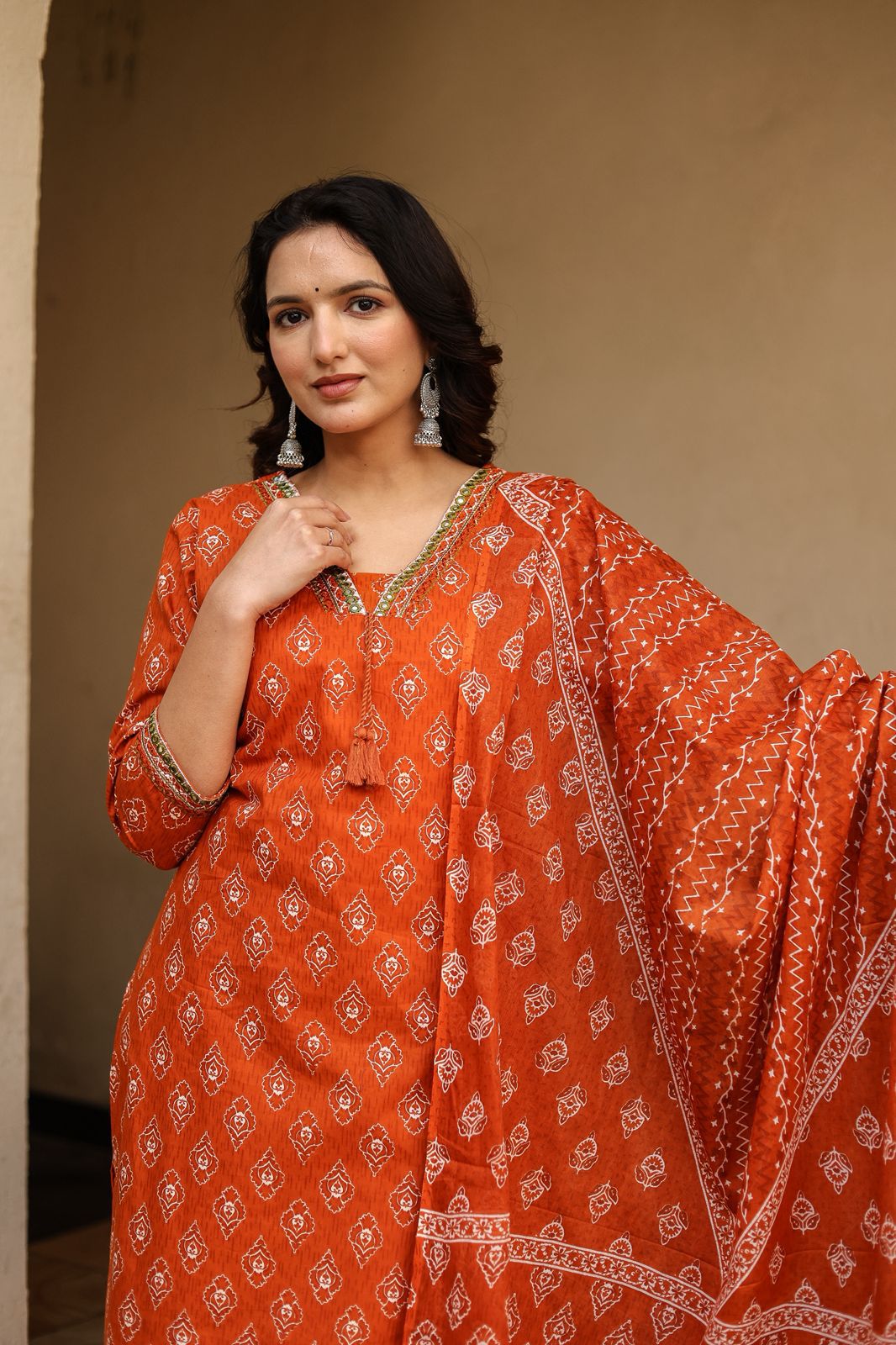 Mehendi Green Hand Block Print Cotton Kurti Set (3 Pcs)