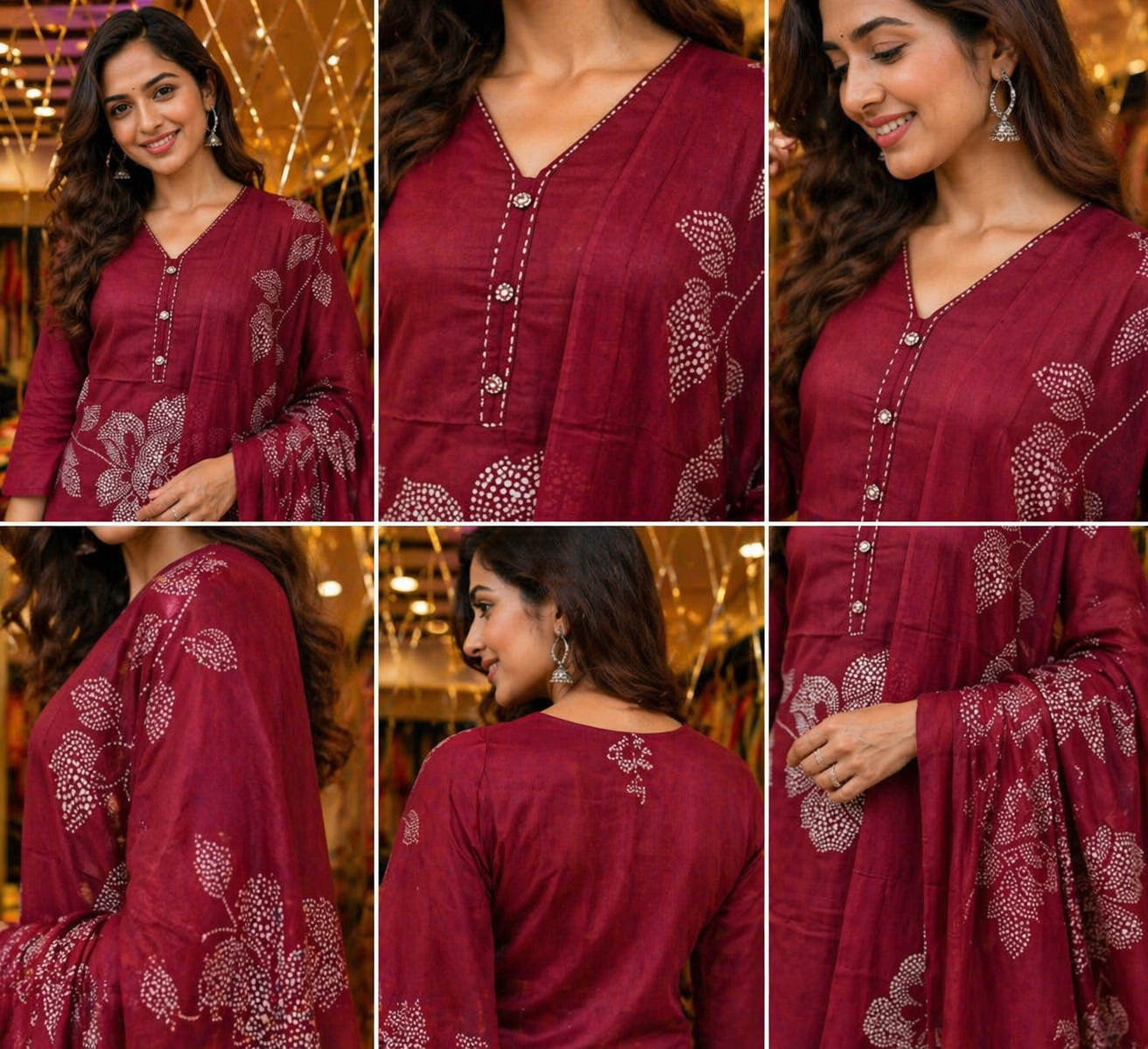 Wine Maroon Floral Mul Cotton Suit Set (3-Piece Set)