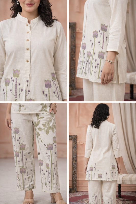 Beige Printed Cotton Co-ord Set