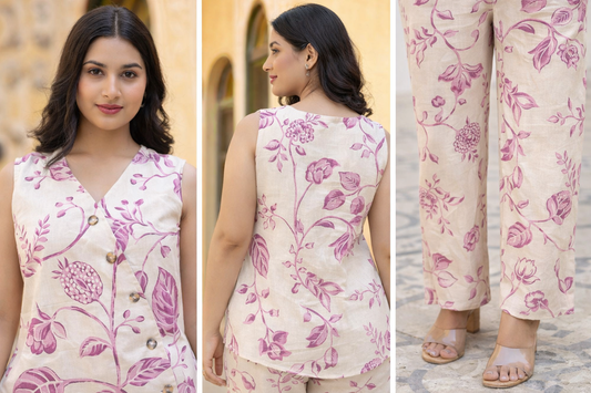Blush Pink Floral Printed Cotton Co-ord Set (Sleeveless Top & Pants)