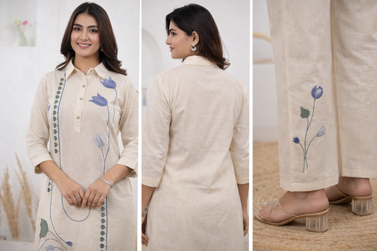 Beige Embroidered Co-Ord Set for Women
