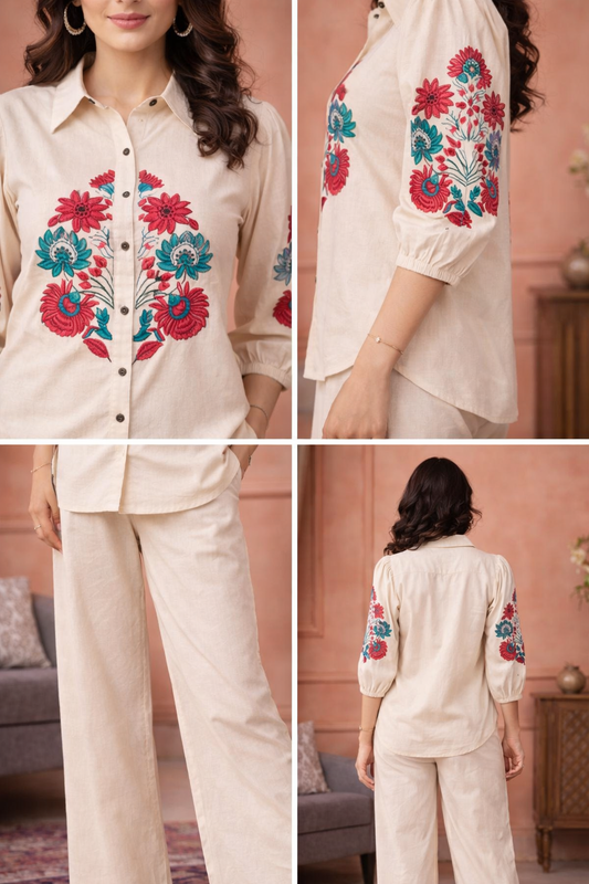 Elegant Beige Floral Embroidered Co-Ord Set for Women