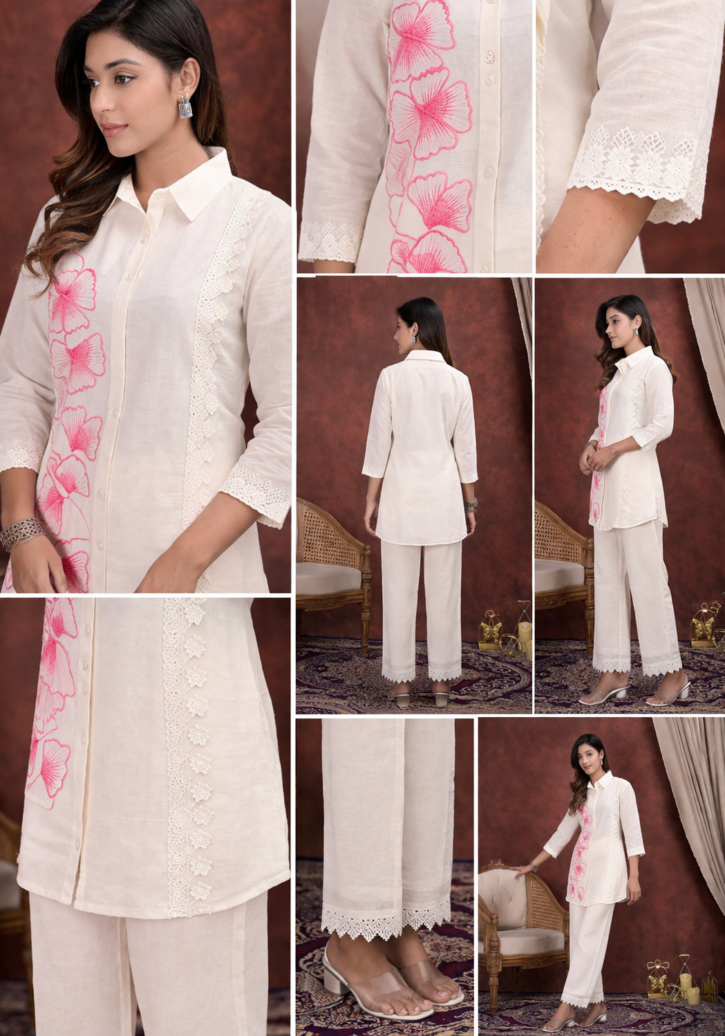 Ivory Pink Floral Embroidered Co-Ord Set for Women