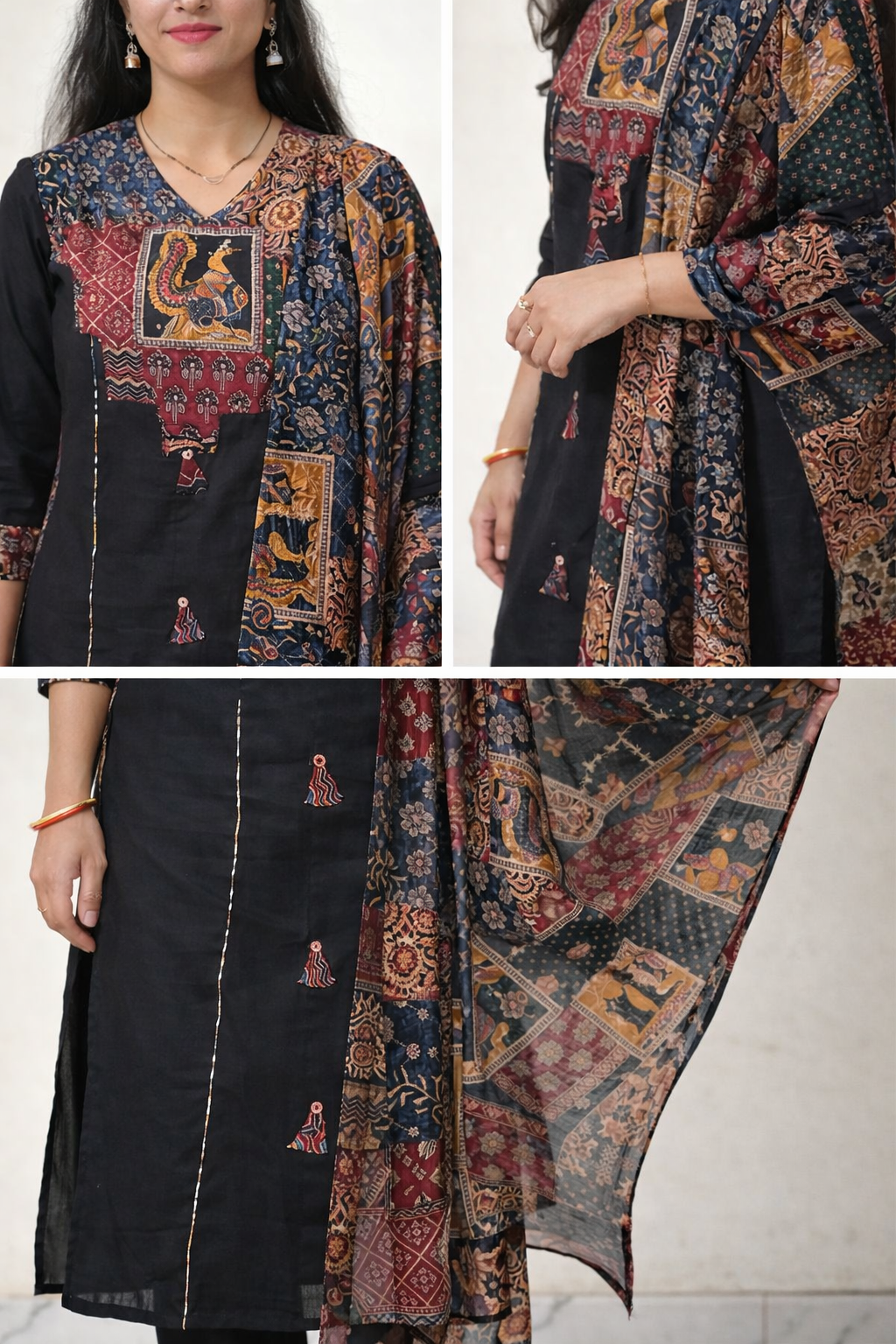 Black Patchwork Printed Cotton Kurti Set (3 Pcs)