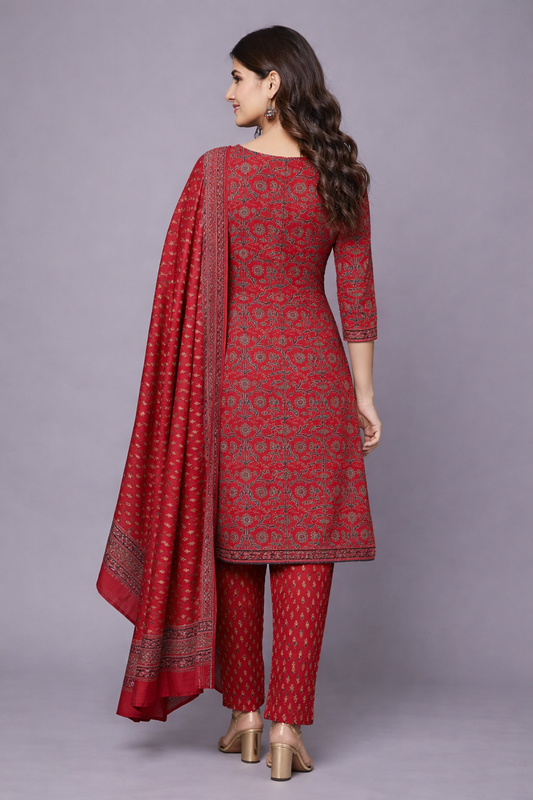 Brick Red with black & beige hand block prints cotton kurti set (3 Pcs)