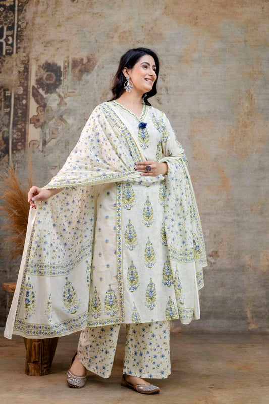 Pearl White Hand Block Printed Cotton Kurta Set (3 Pcs)