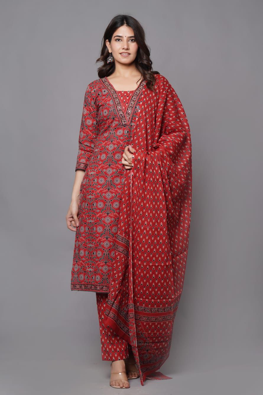 Brick Red with black & beige hand block prints cotton kurti set (3 Pcs)