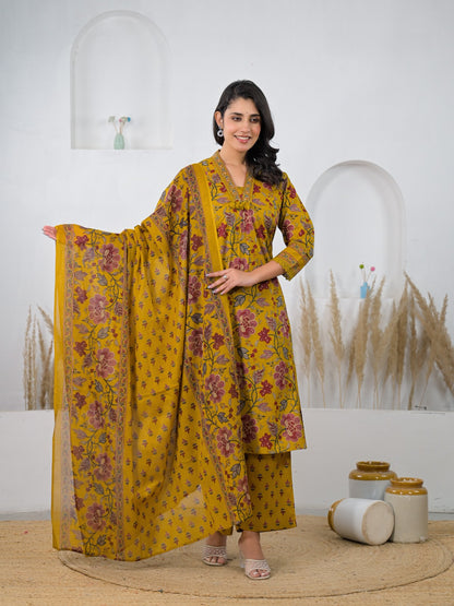 Mustard Floral Cotton Kurta Set with Dupatta