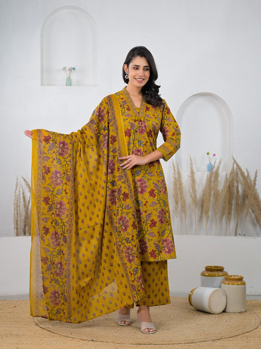 Mustard Floral Cotton Kurta Set with Dupatta