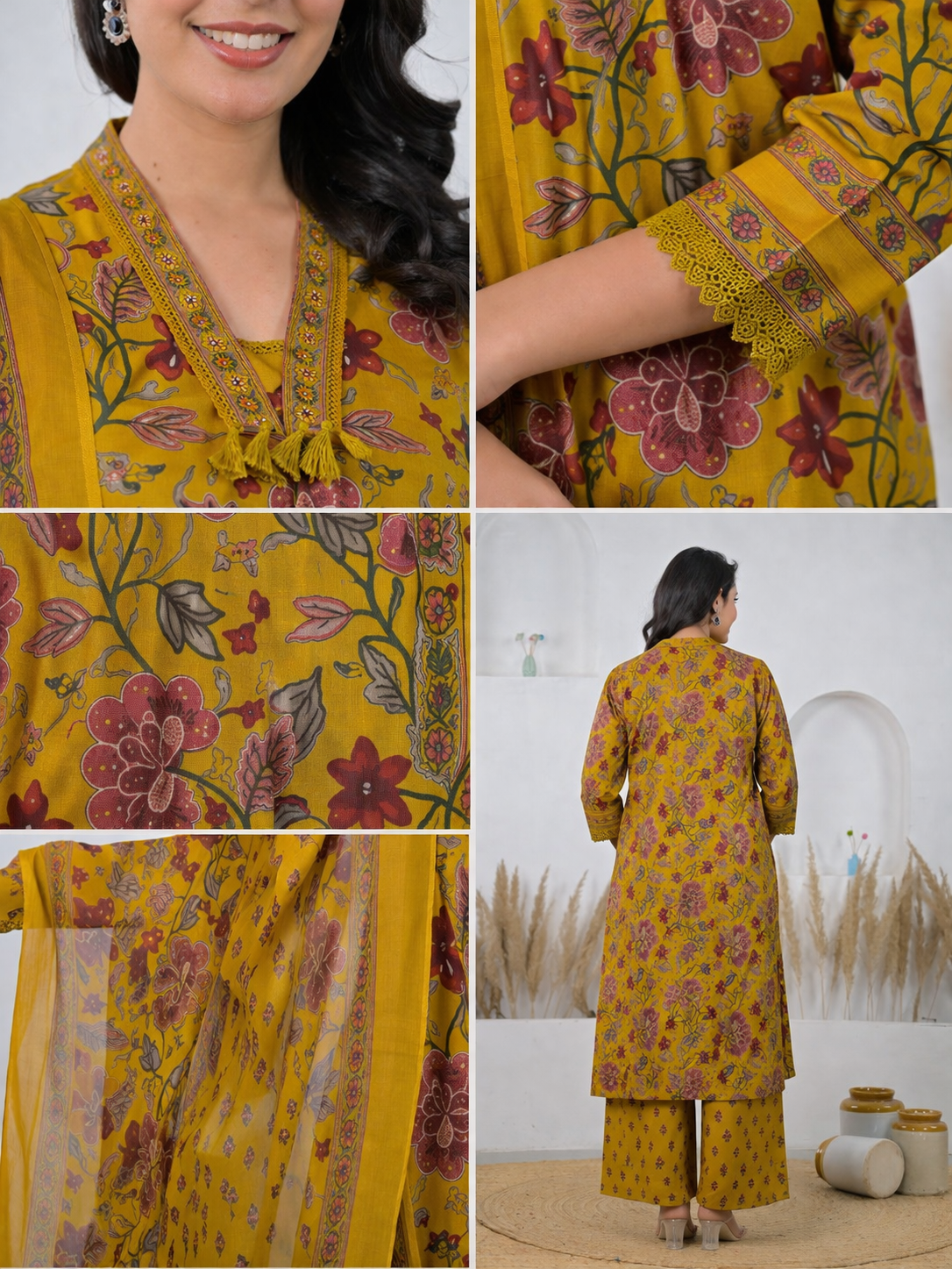 Mustard Floral Cotton Kurta Set with Dupatta