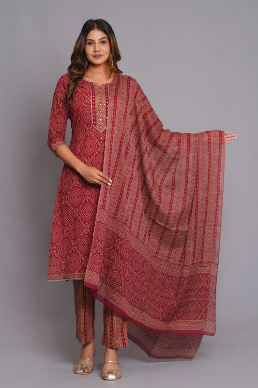 Maroon Cotton Printed Kurta Set (3 Pcs)