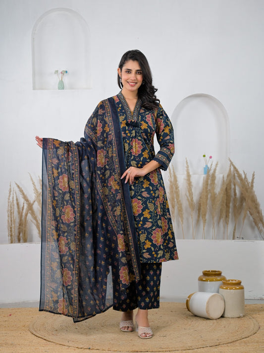 Midnight Blue Floral Cotton Kurta Set with Dupatta