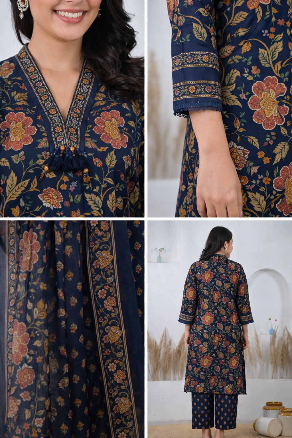 Midnight Blue Floral Cotton Kurta Set with Dupatta