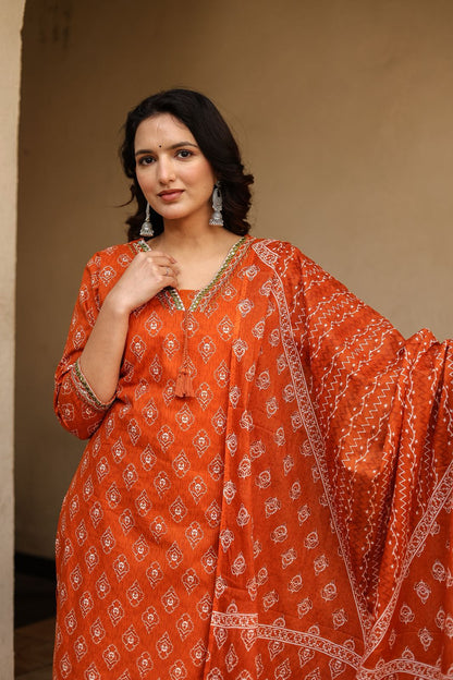 Mehendi Green Hand Block Print Cotton Kurti Set (3 Pcs)