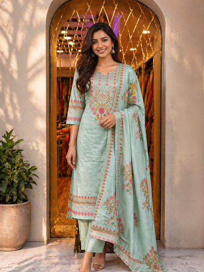Elegant Mint Green Mul Cotton 3-Piece Suit Set