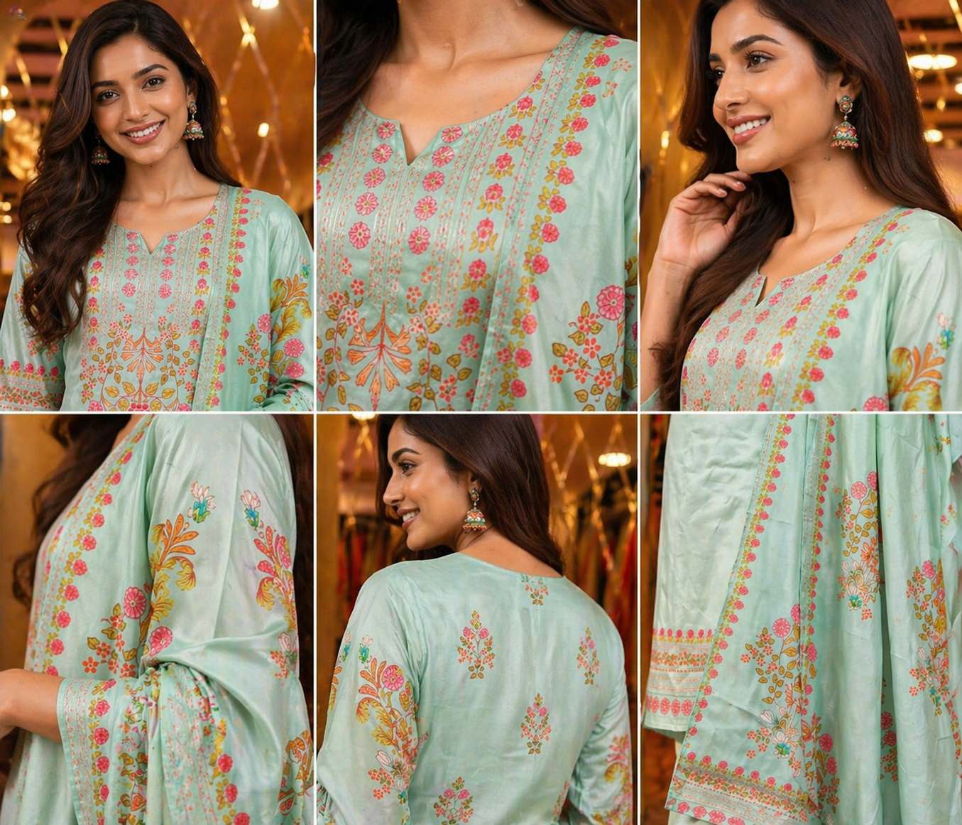 Elegant Mint Green Mul Cotton 3-Piece Suit Set