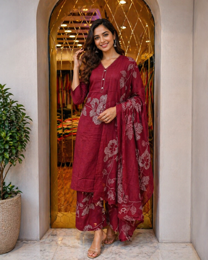 Wine Maroon Floral Mul Cotton Suit Set (3-Piece Set)