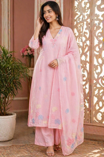 Pink Floral Mul Cotton Suit Set (3-Piece Set)