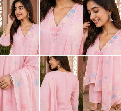 Pink Floral Mul Cotton Suit Set (3-Piece Set)