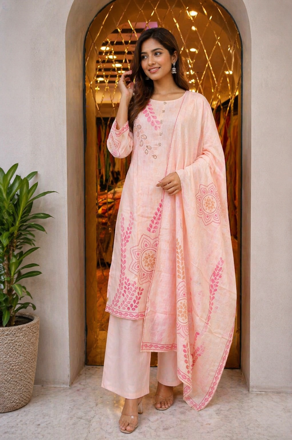 Peach Pink Printed Cotton Kurti Set with Dupatta (3-Piece Set)