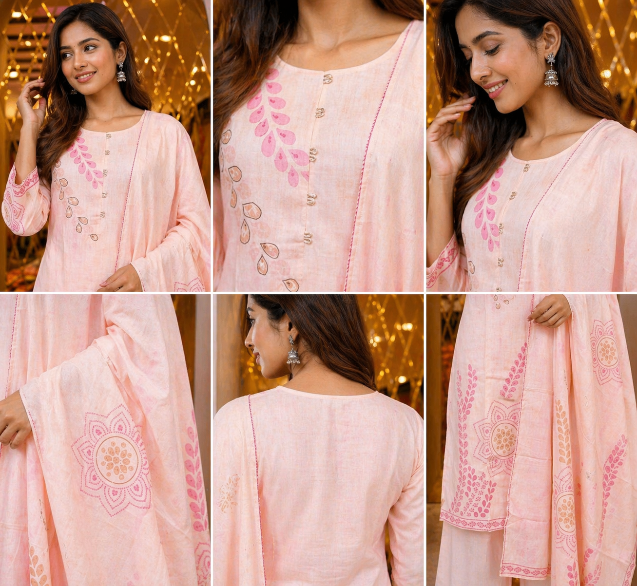 Peach Pink Printed Cotton Kurti Set with Dupatta (3-Piece Set)