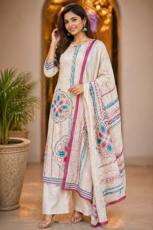 Off-White Printed Cotton Kurti Set with Dupatta (3-Piece)