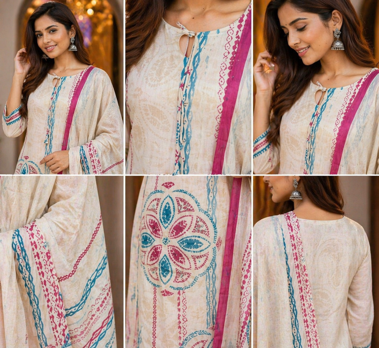 Off-White Printed Cotton Kurti Set with Dupatta (3-Piece)