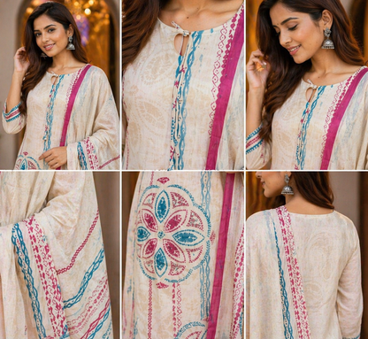 Off-White Printed Cotton Kurti Set with Dupatta (3-Piece)