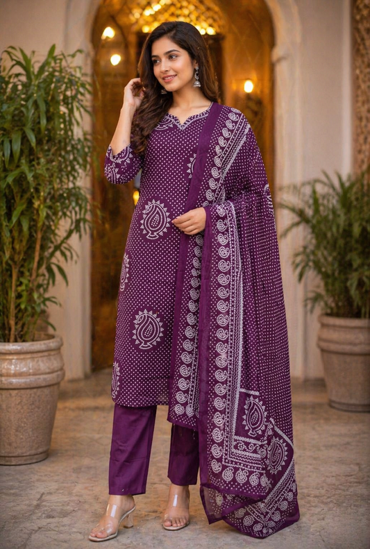 Wine Floral Printed Kurti Pant Dupatta Set for Women
