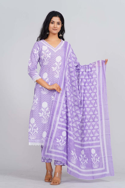Lilac floral block print Cotton Kurta Set (3 Pcs)