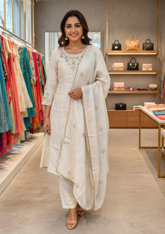 Mul Chanderi Embroidered Kurti Set with Dupatta ✨