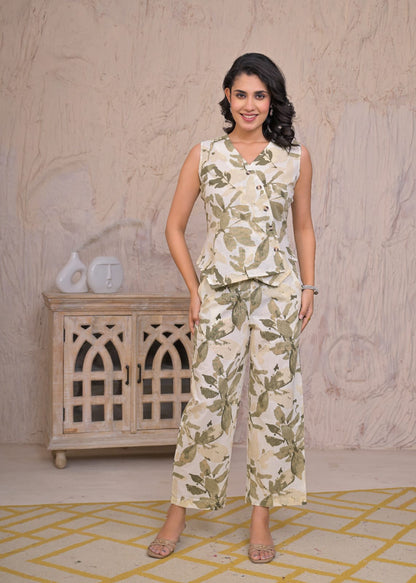 Olive Leaf Printed Cotton Co-ord Set (Sleeveless Top & Pants)