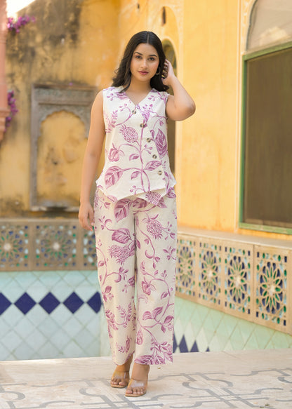 Blush Pink Floral Printed Cotton Co-ord Set (Sleeveless Top & Pants)