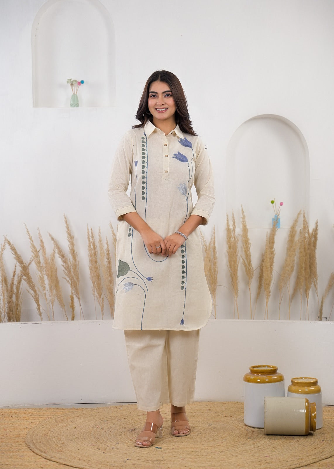 Beige Embroidered Co-Ord Set for Women