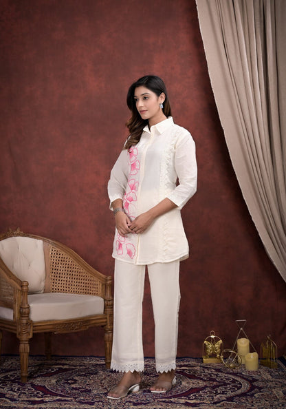 Ivory Pink Floral Embroidered Co-Ord Set for Women