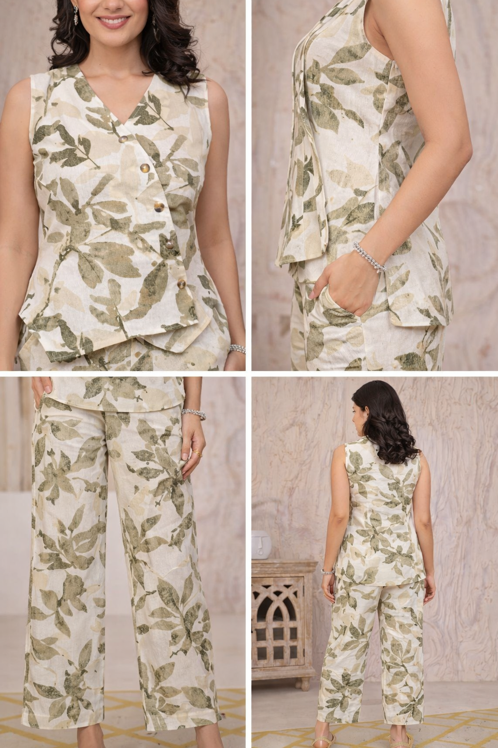 Olive Leaf Printed Cotton Co-ord Set (Sleeveless Top & Pants)