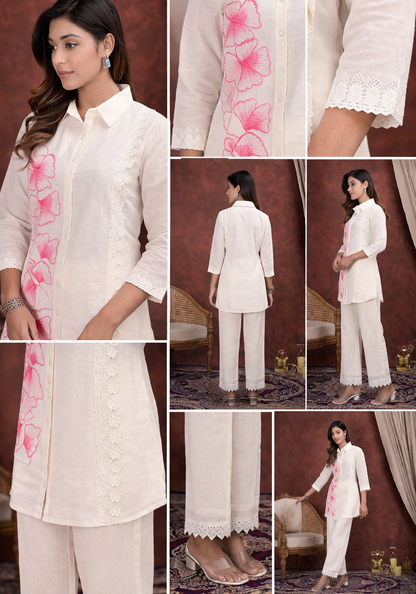 Ivory Pink Floral Embroidered Co-Ord Set for Women