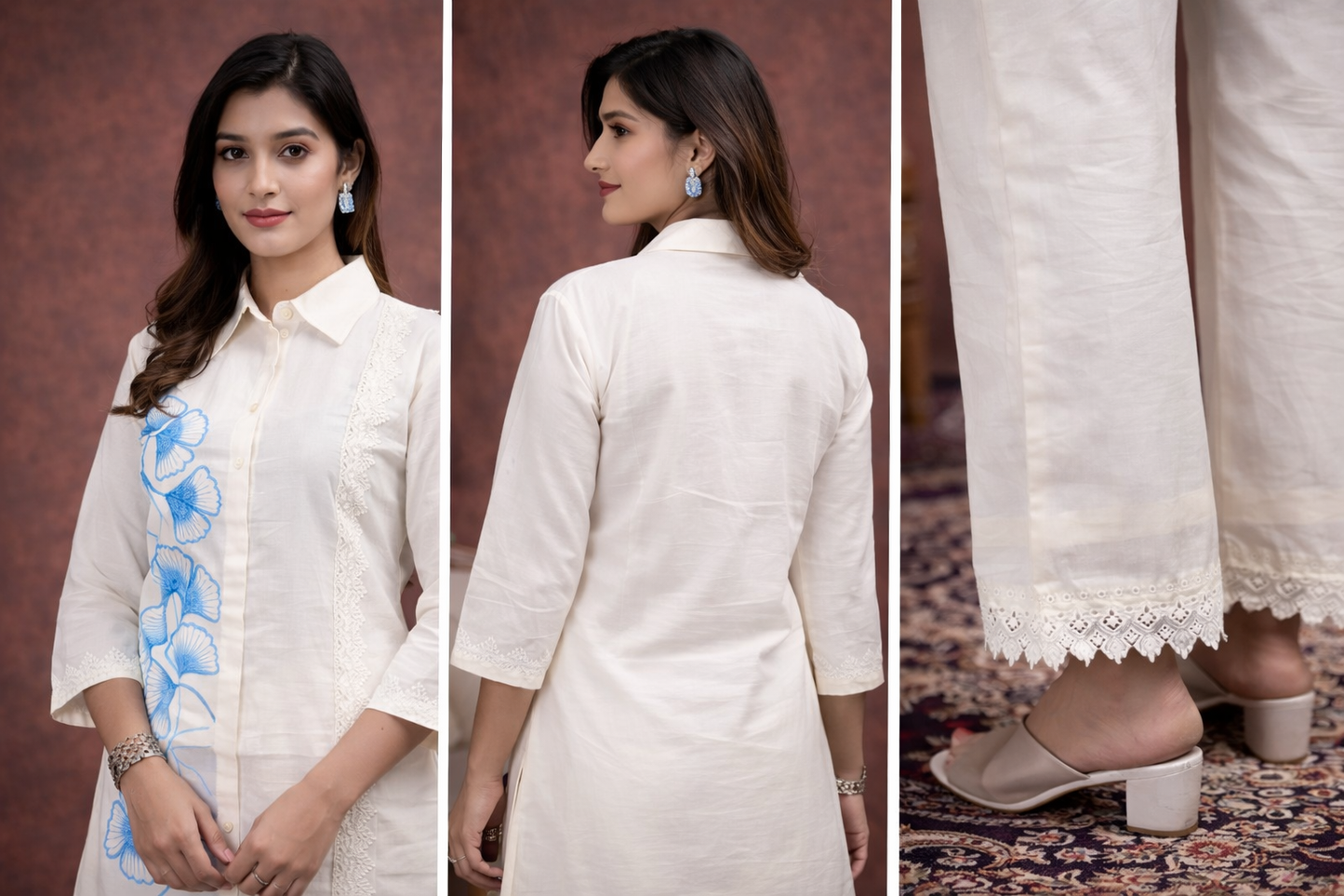 Ivory Blue Floral Embroidered Co-Ord Set for Women