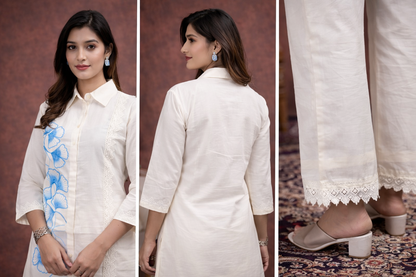 Ivory Blue Floral Embroidered Co-Ord Set for Women