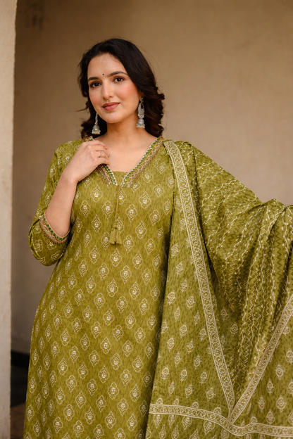 Mehendi Green Hand Block Print Cotton Kurti Set (3 Pcs)