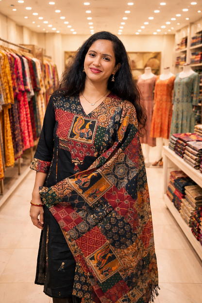 Black Patchwork Printed Cotton Kurti Set (3 Pcs)