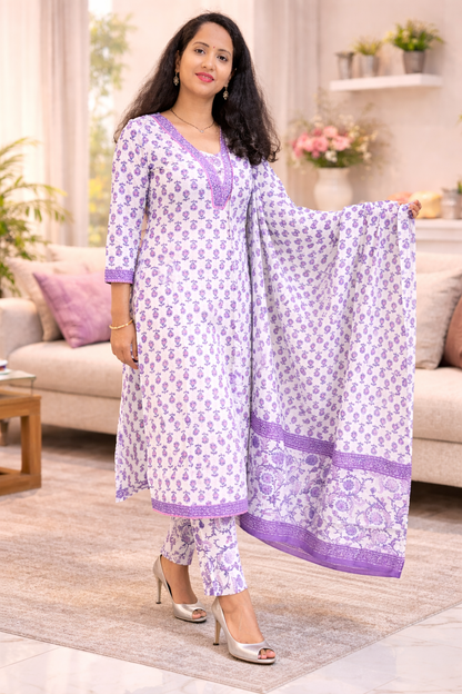 Lavender Bloom Cotton Kurti Set (3 Pcs)