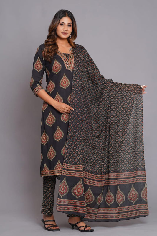 Midnight Black Hand Block Printed Cotton Kurta Set (3 Pcs)