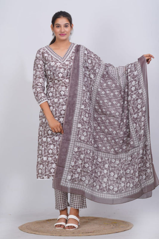 Earthy Beige Hand Block Printed Cotton Kurta Set (3 Pcs)