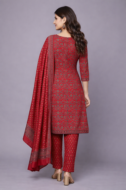 Brick Red with black & beige hand block prints cotton kurti set (3 Pcs)