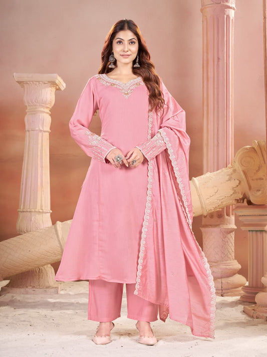 Elegant Pink Mul Chanderi Kurti Set with Dupatta (3-Piece Ethnic Set)