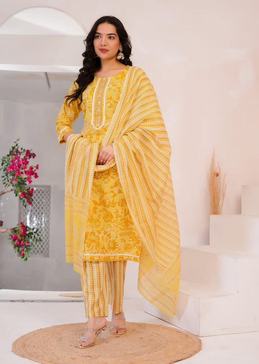 Sunshine Yellow Hand Block Printed Cotton Kurta Set (3 Pcs)