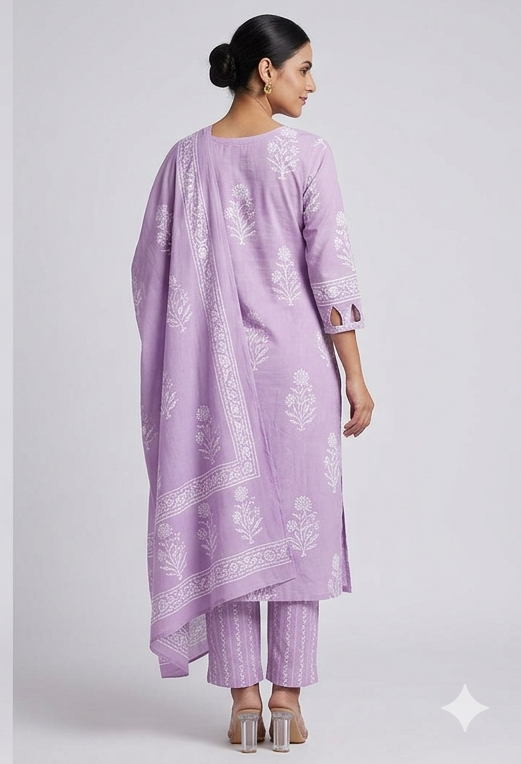 Lilac floral block print Cotton Kurta Set (3 Pcs)