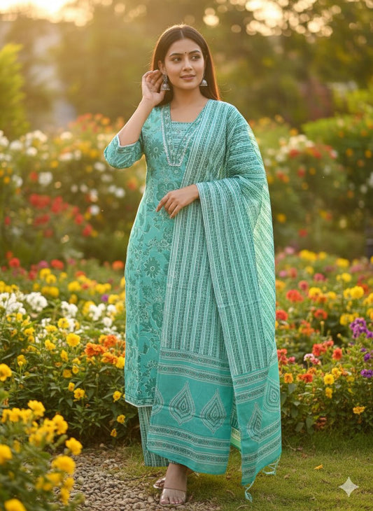 Forest Green Hand Block Printed Cotton Kurta Set (3 Pcs)