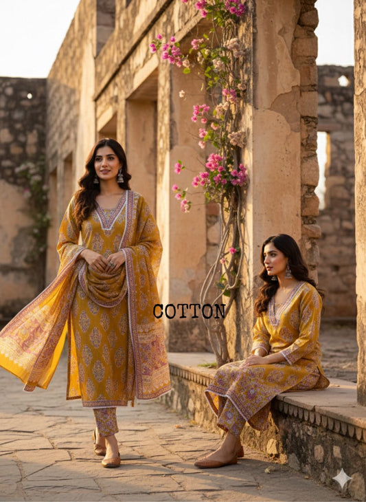 Pale Yellow Hand Block Printed Cotton Kurta Set (3 Pcs)